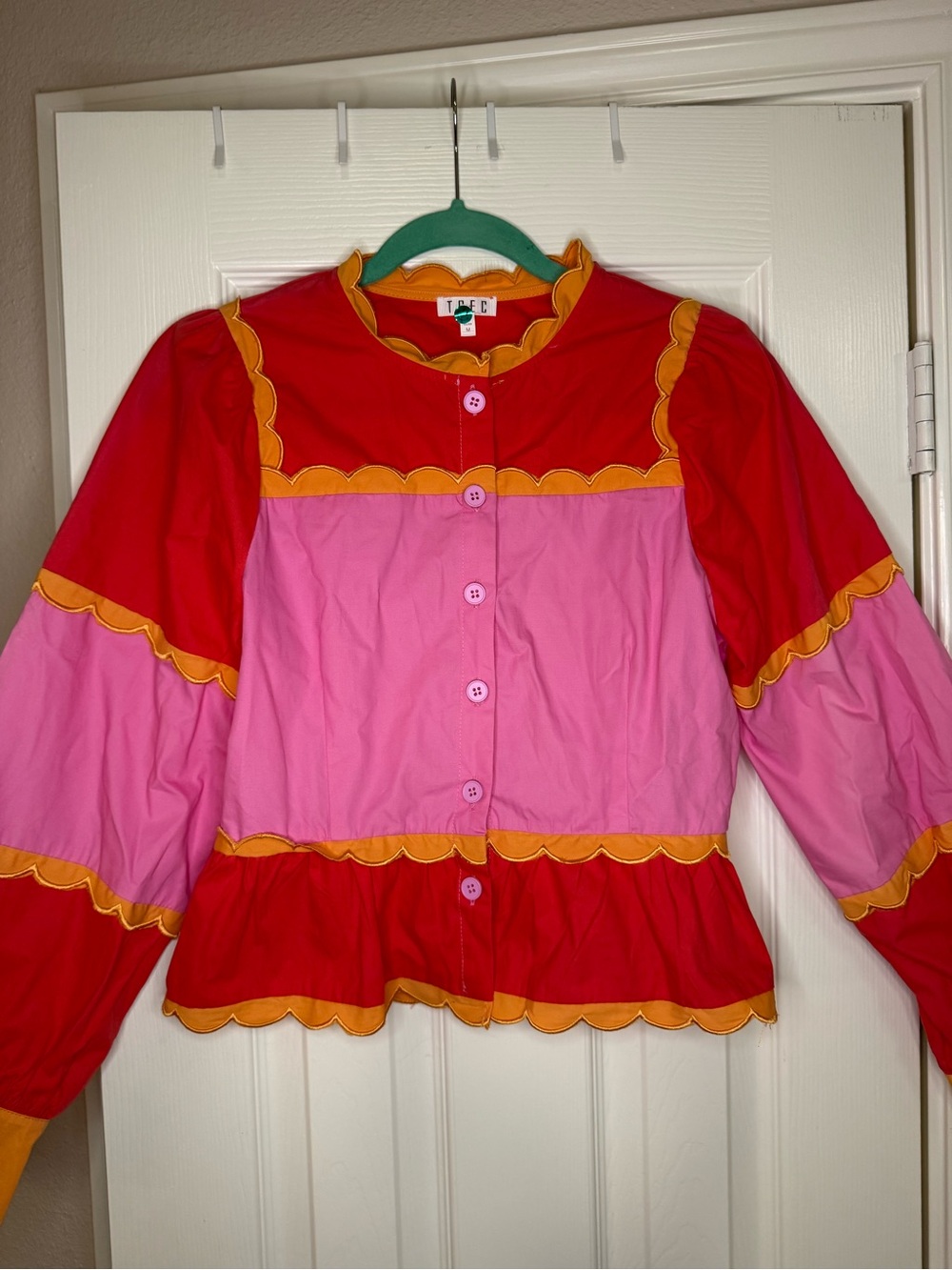 TCEC Colorblock Pink and Red Scallop-Trim Button Down Shirt - Picture 7 of 10